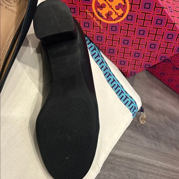 Tory Burch Black Leather Block Heels with Gold Logo- with dustbag and box. - Picture 5 of 7